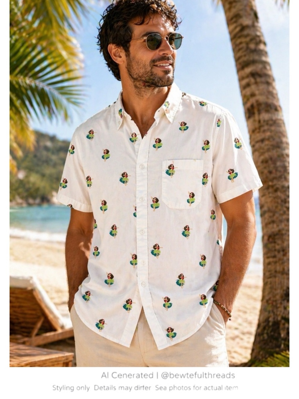 Visive Hula Girl Hawaiian Camp Shirt White 100% Cotton Button Down L